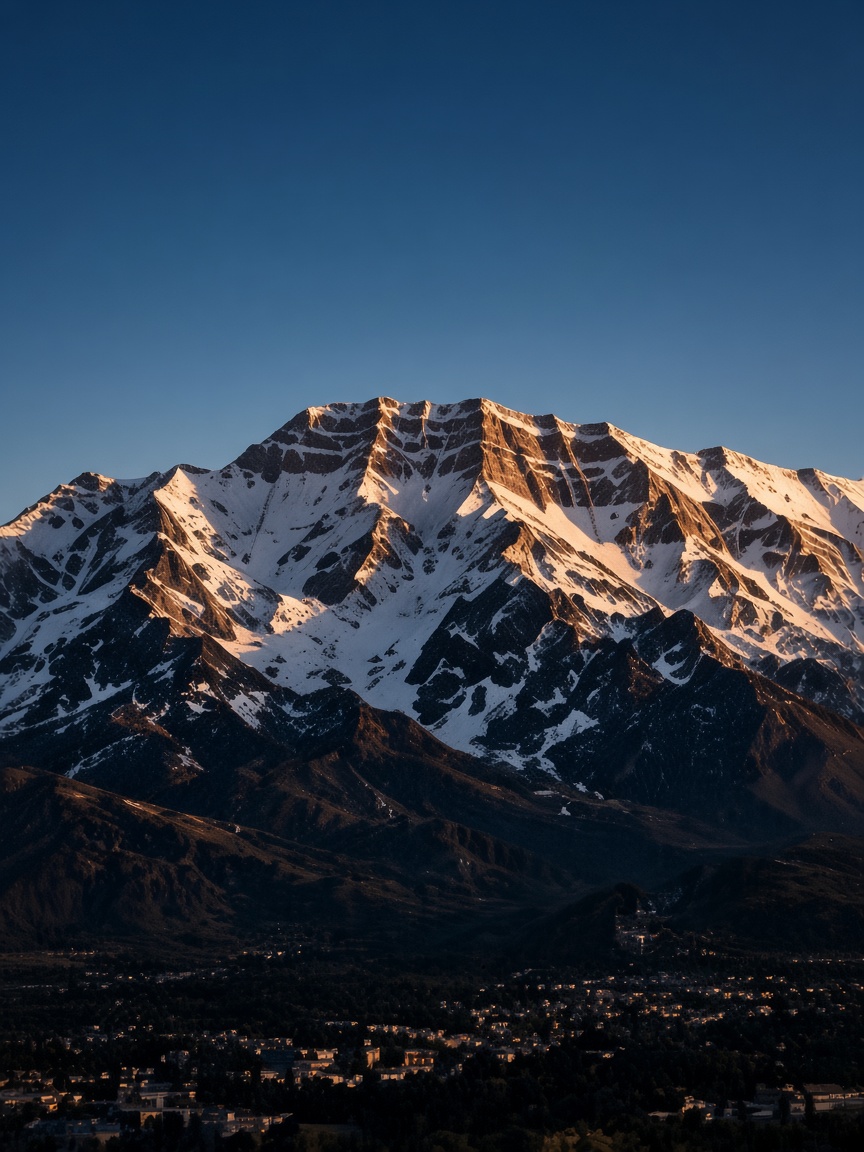 Snow-capped mountain at first light